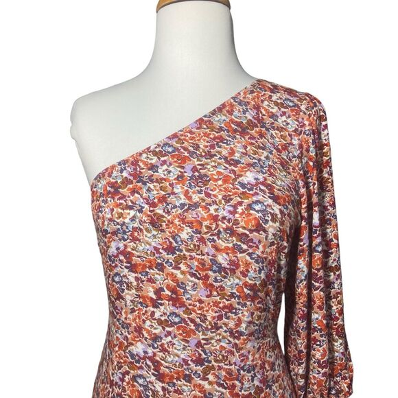 American Eagle One Shoulder Multicolor Floral Dress Size S Fit Flare Front Slit - Picture 2 of 7